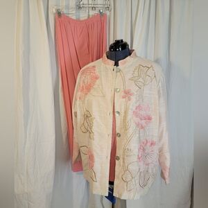 Coral Pink Tank & Pants Set with Elegant Embroidered/Beaded Mandarin Jacket